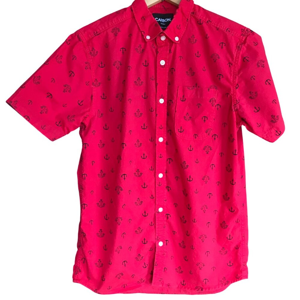 Carbon Short-Sleeved Button-Down Shirt, Red Black Anchor Print Men's Size Small